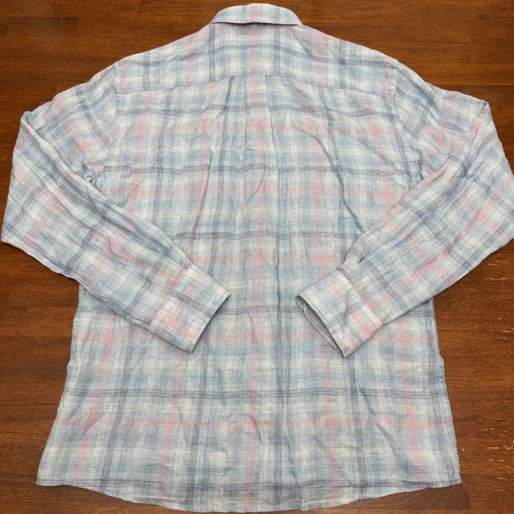 Peter‎ Millar Crystal Beach Linen Button Down Mens Medium Blue Pink Plaid Long